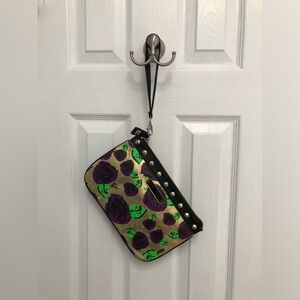 Betsey Johnson Gold Studs Large Zip Wristlet Wallet Strap Purple Floral 10x6